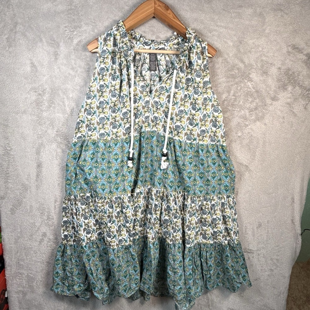 Chelsea & Theodore Dress Womens 1X Floral Tiered Boho Cotton Sleeveless Blue